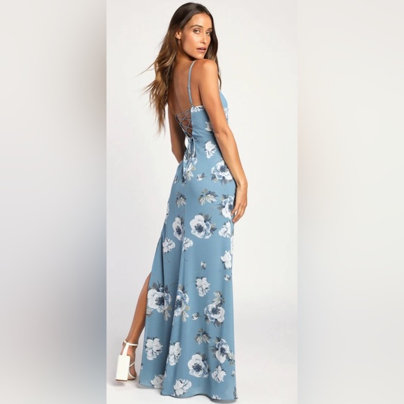 Lulus Feeling Elegant Slate Blue Floral Print Lace-Up Slit Maxi Dress - Picture 2 of 3